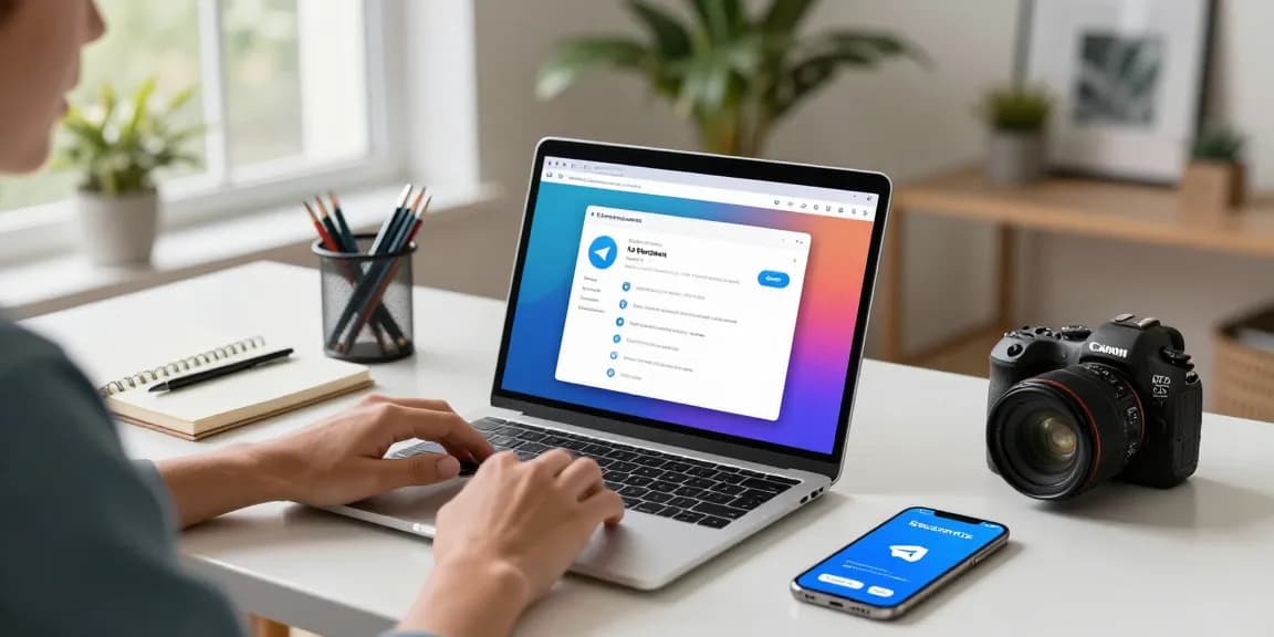 Accessing Telegram Web Version on a laptop in a bright home office setting for digital communication.