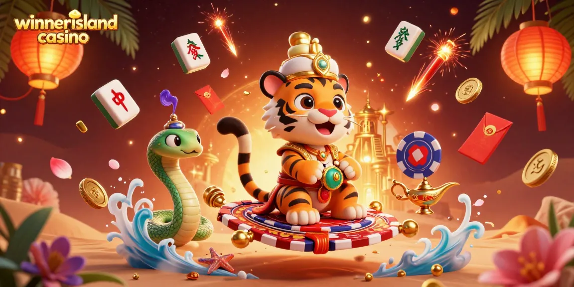 Experience the excitement of winnerisland casino with a vibrant and festive digital illustration of gaming elements.