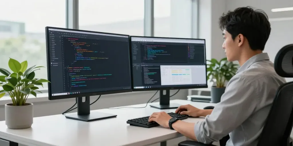 GEO tracking tool showcased in a modern tech office with a developer coding.