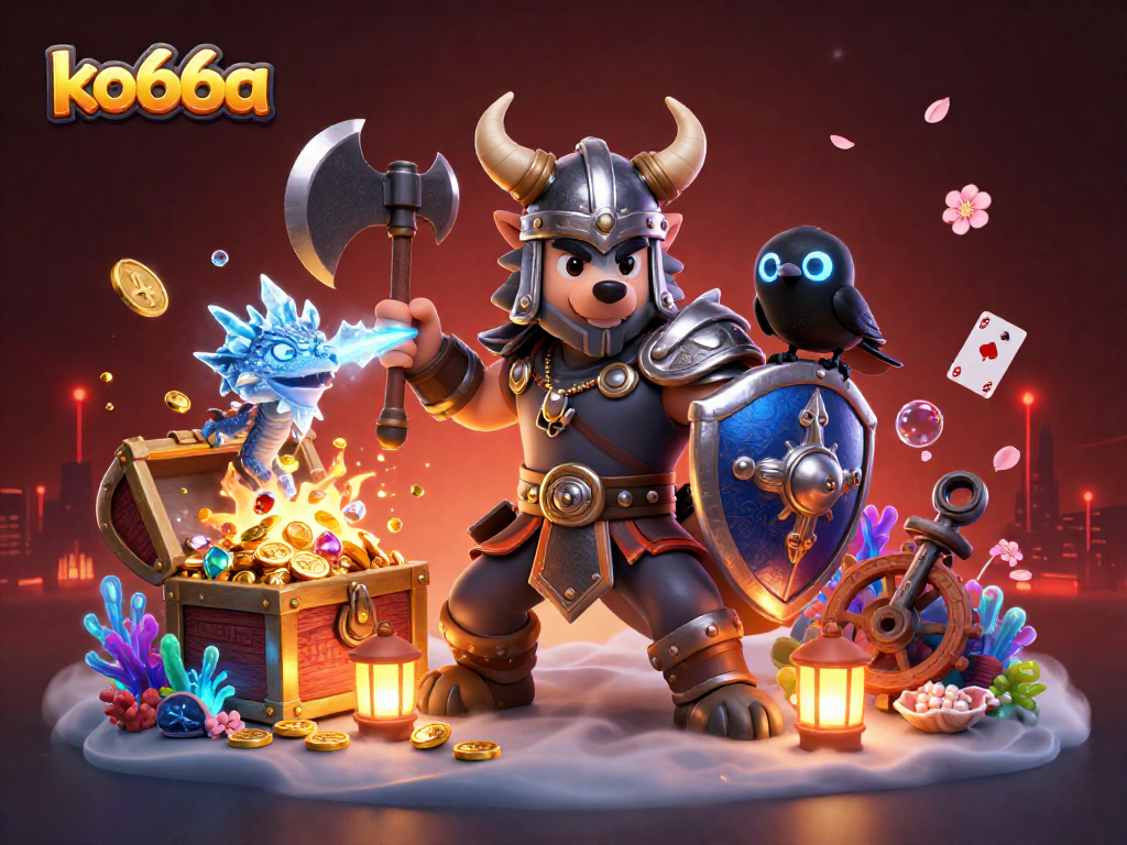 Engage in thrilling gameplay with ko66a as a Viking wolf warrior leads a dragon and raven in a dynamic casino scene.