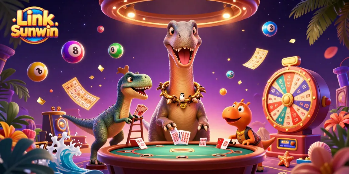 Engage in the world of Link Sunwin with a lively card game scene starring a brontosaurus and raptor.