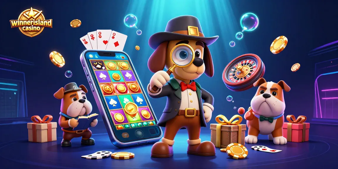 Experience the thrill of winnerisland casino with a detective scene featuring a bloodhound and bulldog, exploring clues amidst vibrant slot game elements.