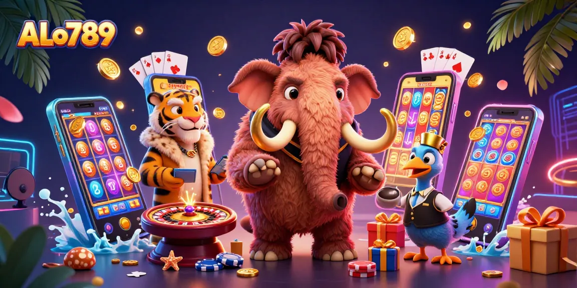 Experience high-stakes excitement at ALo789 with vibrant illustrations showcasing lively casino elements.