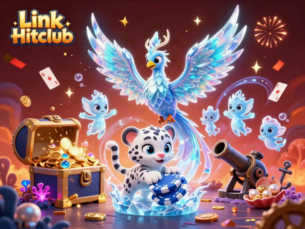 Experience thrilling gameplay with Link Hitclub as a captivating ice phoenix and playful companions illuminate the casino scene.