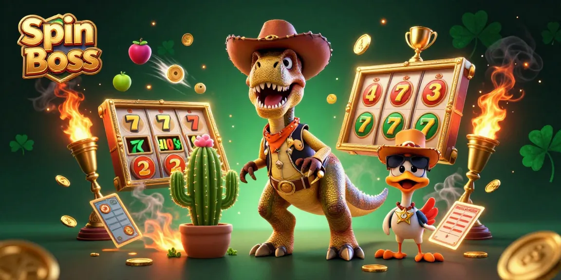 Spin Boss showcases vibrant 3D characters in an exciting casino scene filled with slot elements, fruits, and motion.