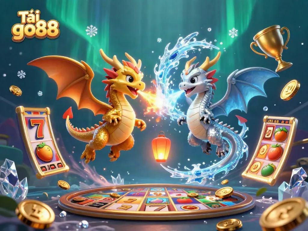 Experience excitement and thrill as you play Tải go88, illustrated with vibrant dragon characters and casino elements.