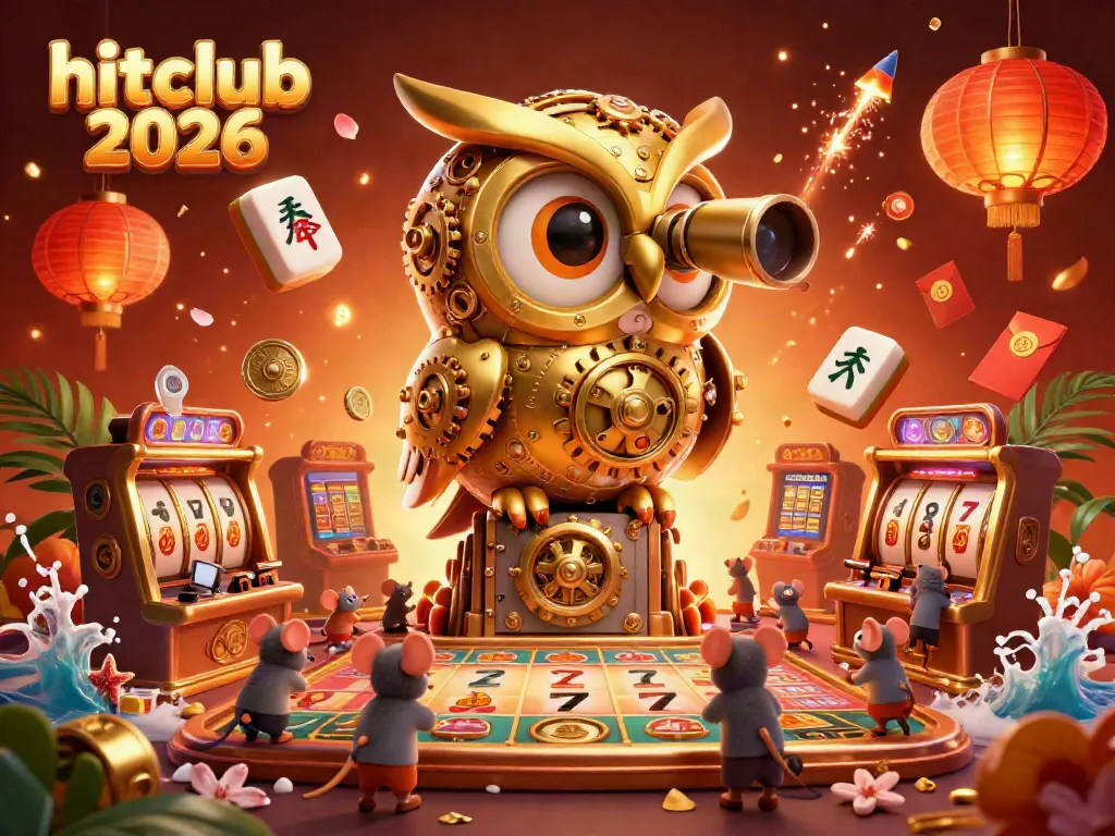 Experience hitclub 2026 with stunning animated slot machines, golden owl, and engaging casino elements.
