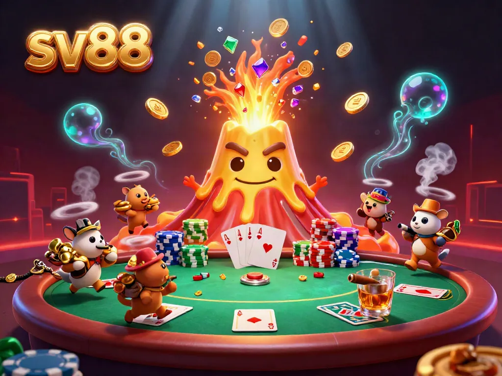 Experience the thrill of sv88 with a golden volcano erupting treasures and adventurous animals at a lavish poker table.