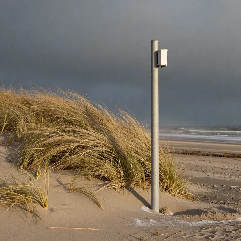 Duingras en een eenzame weerspaal bij zee in avondwind en donkere lucht.