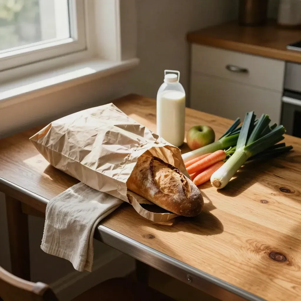 Bovenaanzicht van boodschappen op een keukentafel: halfvolle tas, brood, melk en groente in warm licht.