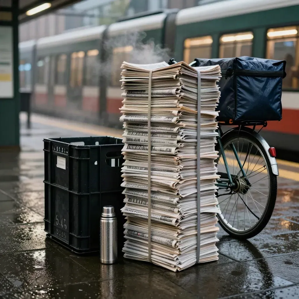 Bundels nieuwsprint naast een fietskrat en thermos op natte stoep bij station