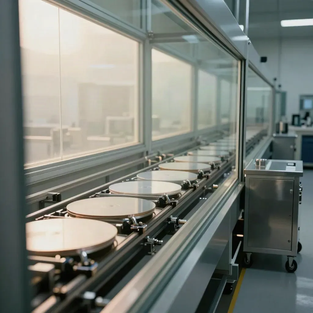 Spotloze chipfabriek met wafercarriers en servicewagen achter glas in koel, gecontroleerd licht