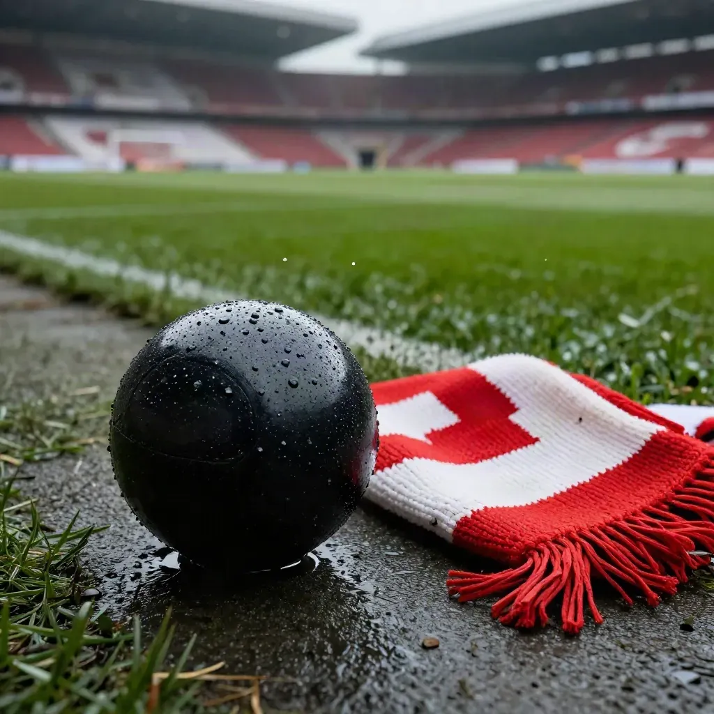 Natte voetbal en rood-witte supporterssjaal langs de lijn in regen, stadion zacht op de achtergrond.