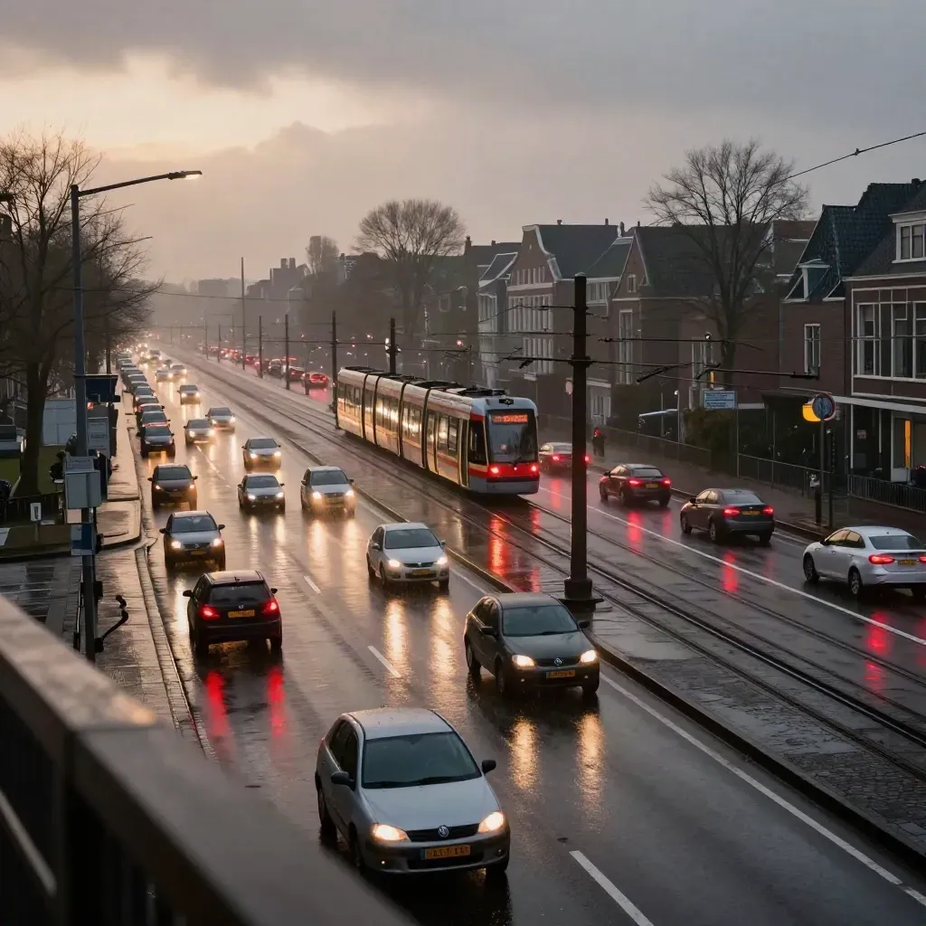 Drukke avondspits op nat knooppunt met tramrails, rode remlichten en glanzend asfalt.