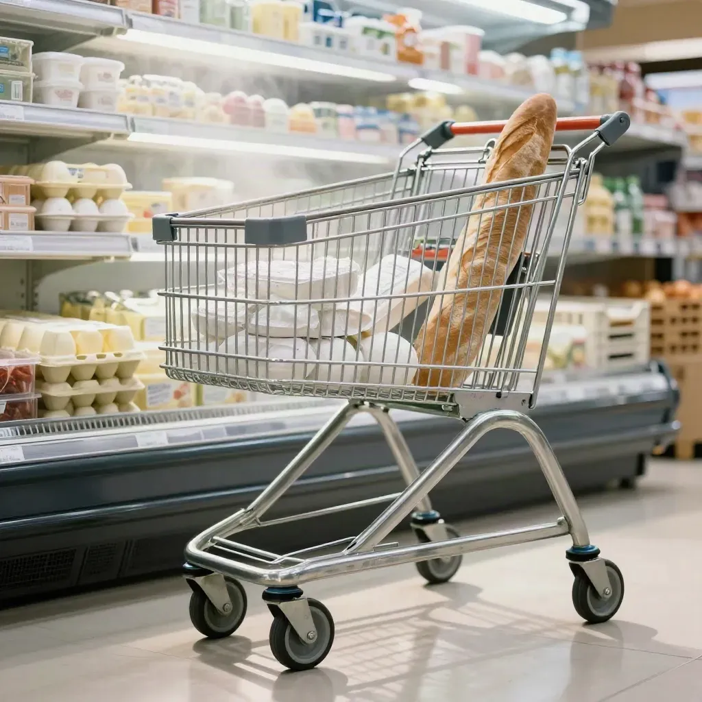 Winkelwagen schuift langs koelvak met basisboodschappen en koude mist.