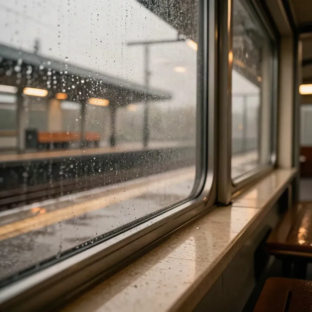Regenruppels op een stationsruit met een stil perron en zachte amberlichten erachter.
