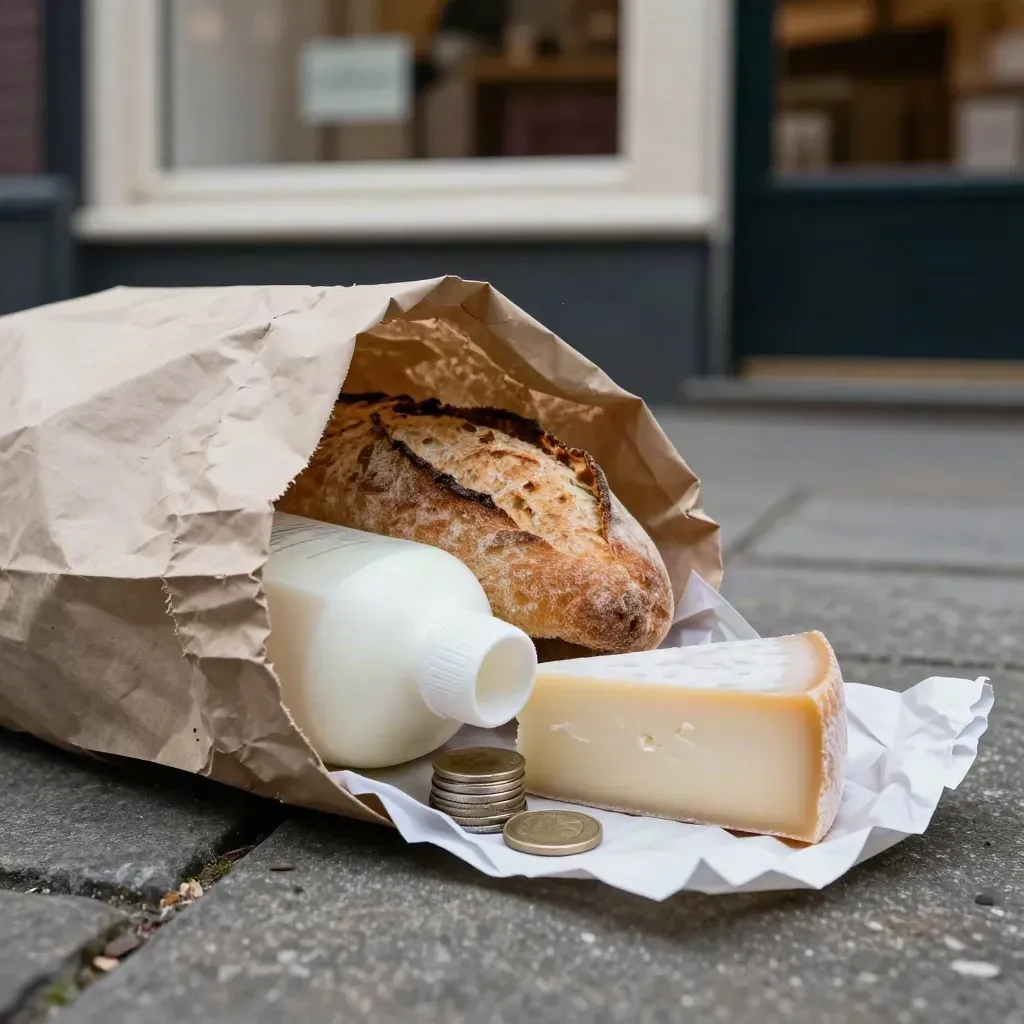 Boodschappentas met brood, melk, kaas en muntjes op een stenen oppervlak.