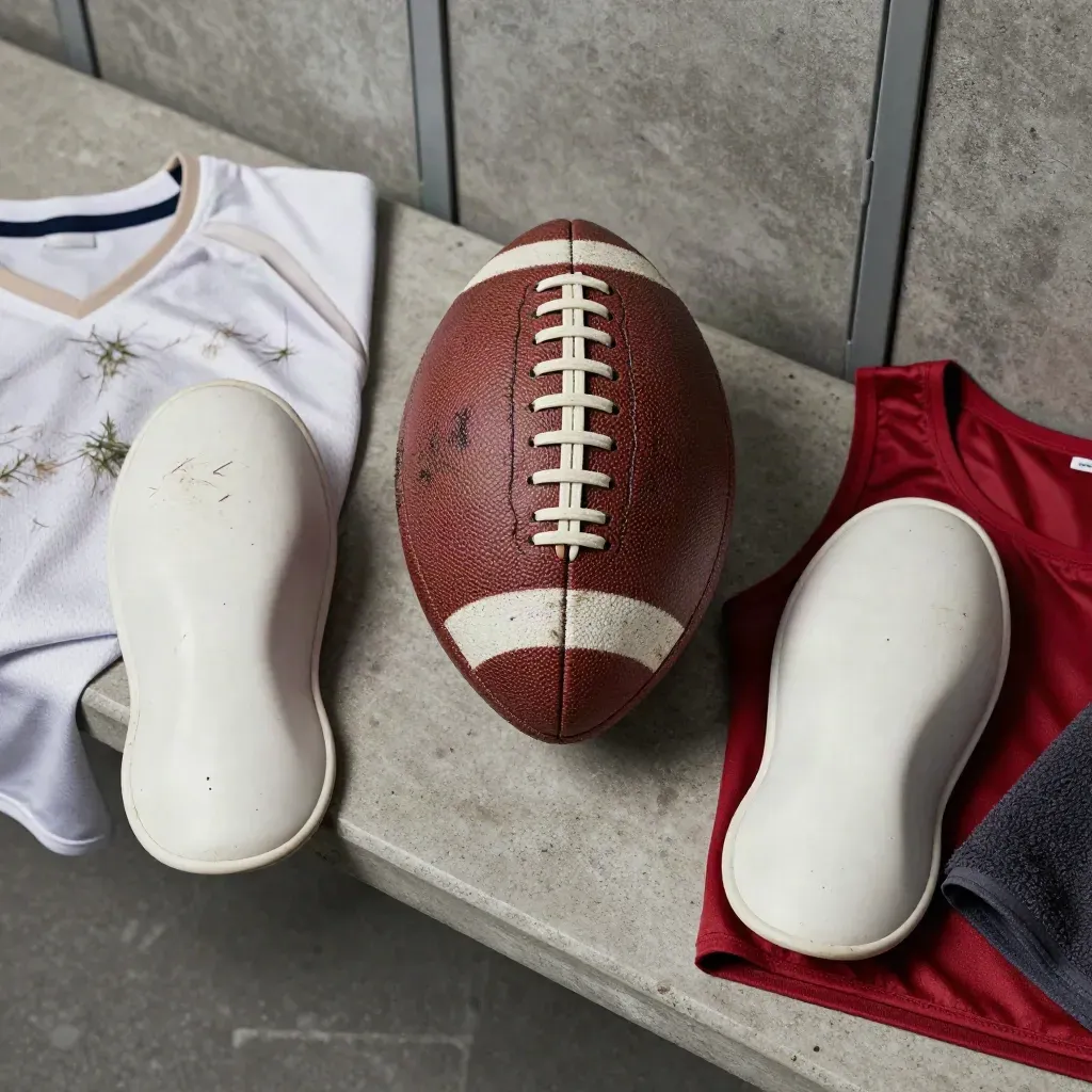 Bovenaanzicht van een versleten voetbal, scheenbeschermers en een grasvlekken-shirt op een kleedkamerbank.