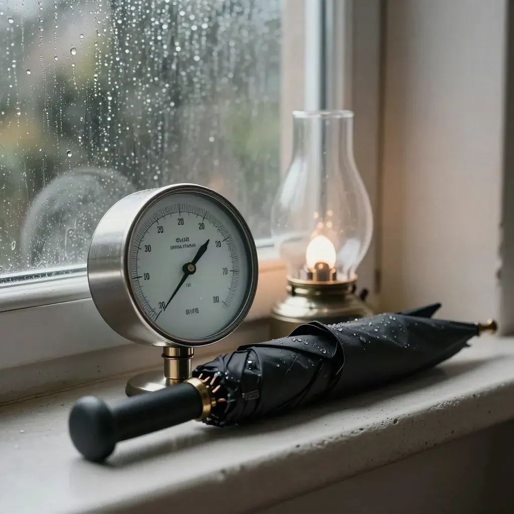 Barometer, regenlampje en paraplu op een vensterbank met regendruppels.