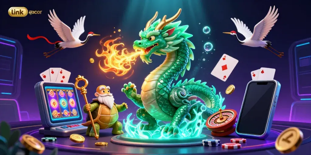 Experience the thrill of link gacor with a magical dragon and lucky symbols in this vibrant casino scene.