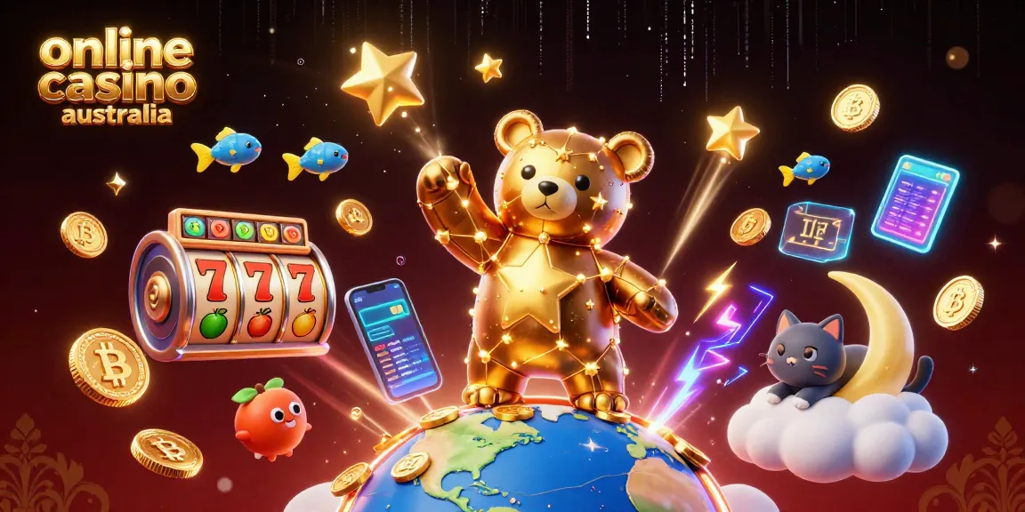 Engaging online casino australia scene with a constellation bear, coins, slot games, and crypto elements.