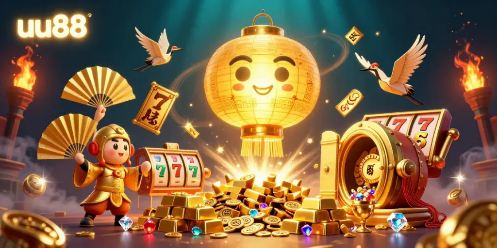 Experience the exciting world of uu88 with a vibrant 3D casino illustration showcasing jackpot symbols and golden treasures.
