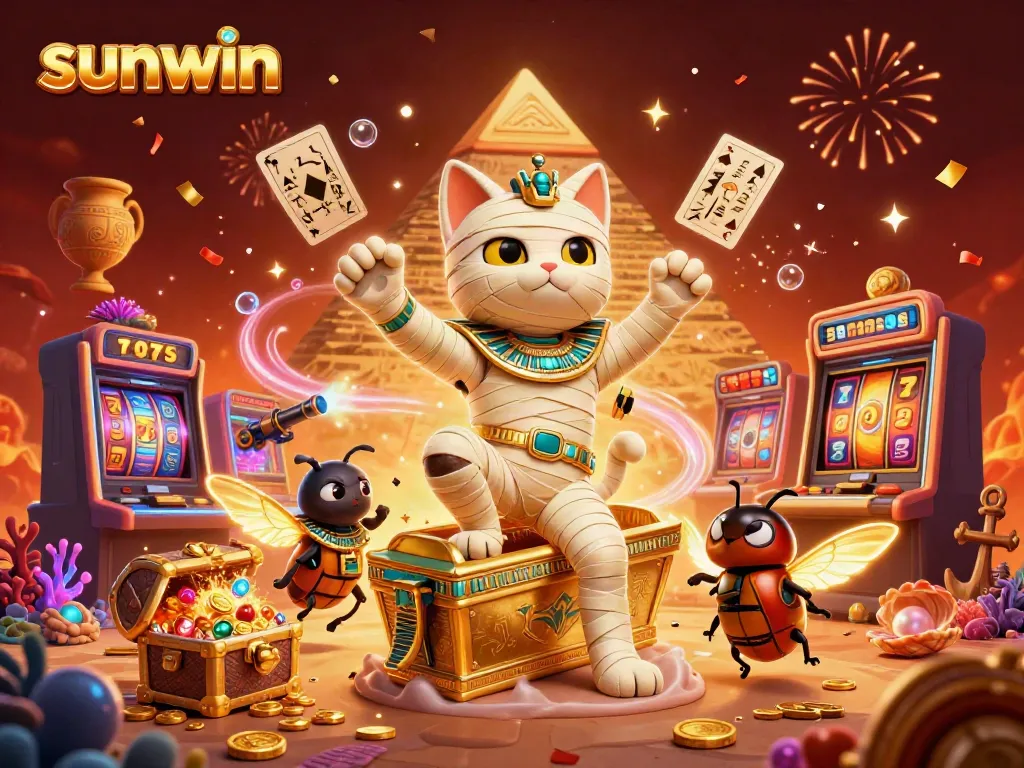 Experience thrilling slots action with sunwin in this vibrant, dynamic casino scene featuring a mummy cat and glowing elements.