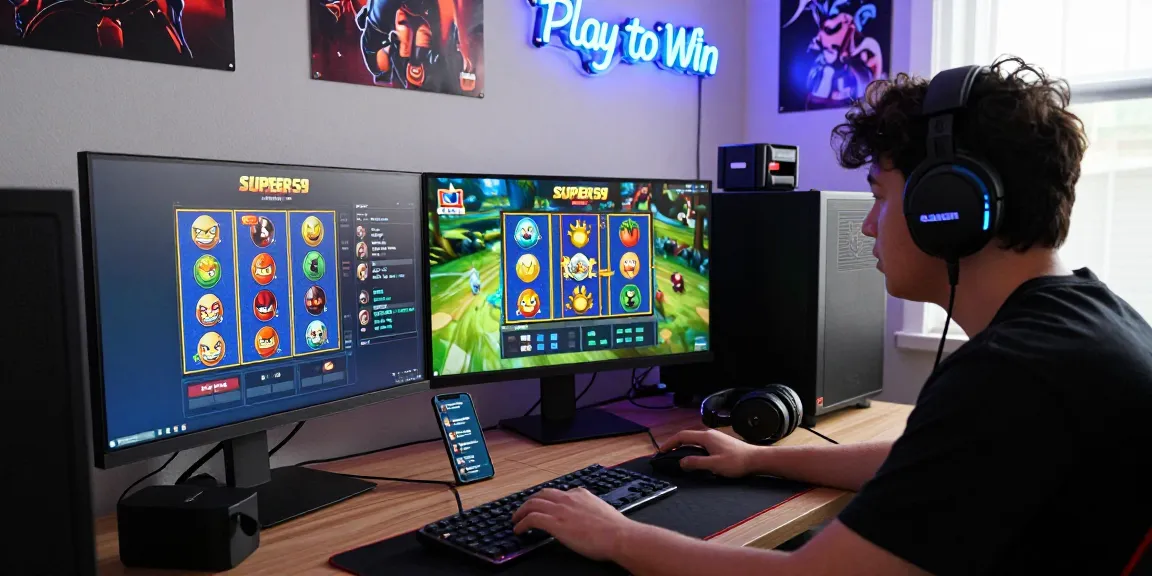 Permainan slot online di platform Super59 link alternatif dengan gamer fokus di layar komputer.
