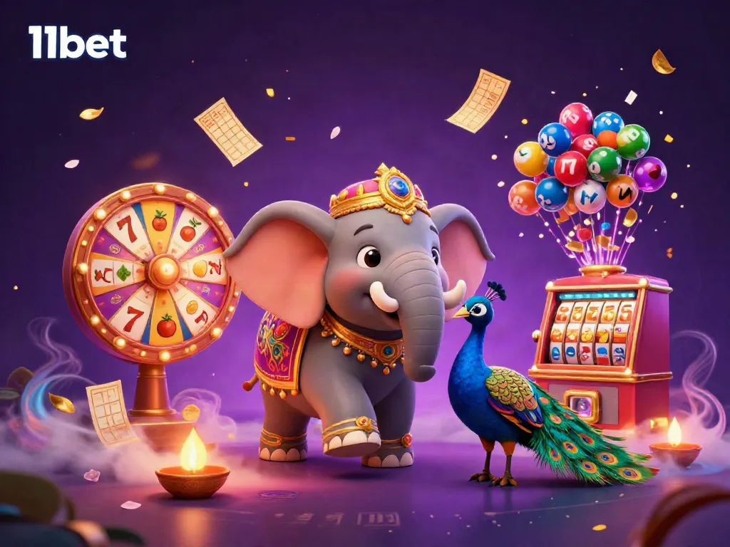 Engage with the vibrant 11bet casino showcased by colorful elements like an elephant and peacock amidst dynamic slot machines.