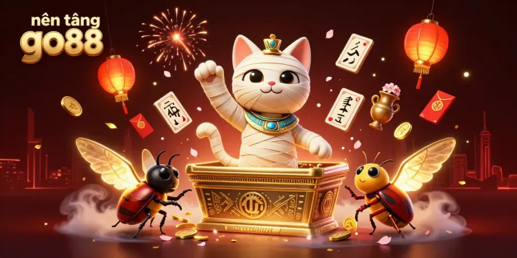 Engaging scene of the nền tảng go88 with a mummy cat in a pyramid casino, highlighting vibrant game elements.