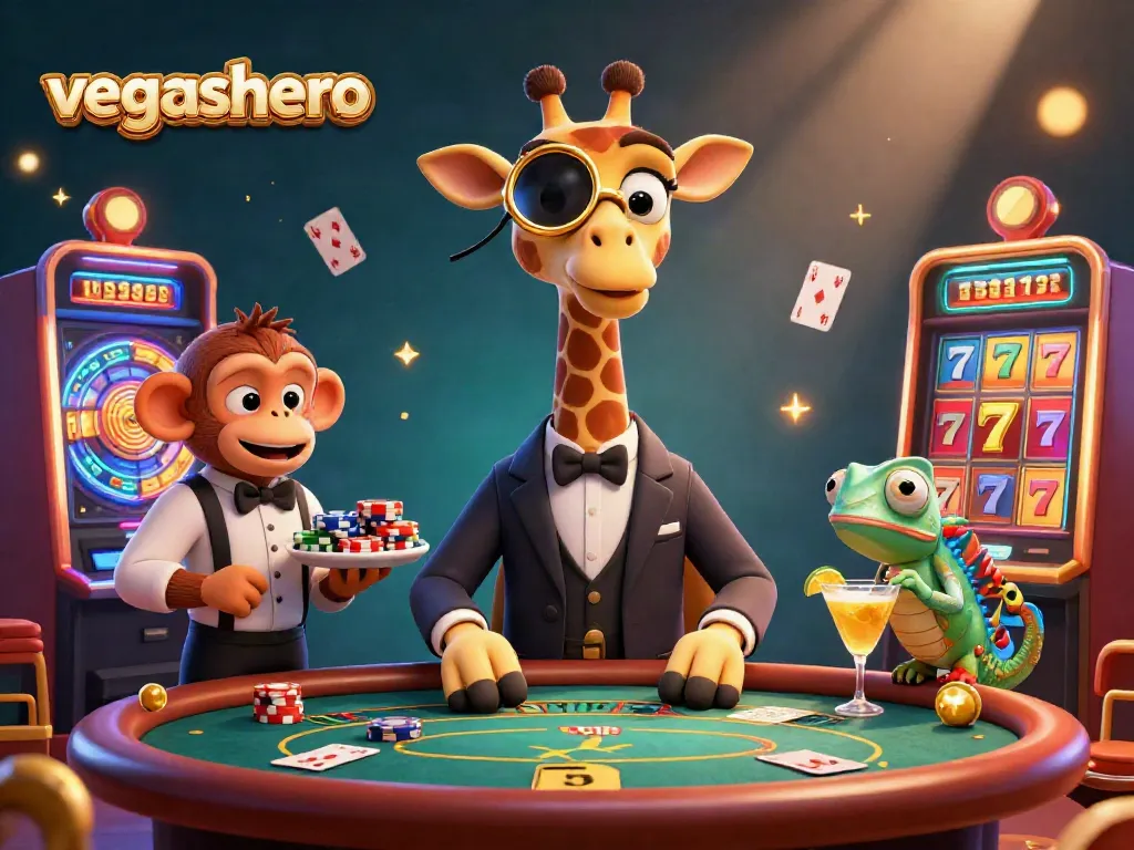 Experience the excitement at vegashero with a high-roller giraffe, poker table, and colorful slots in this vibrant casino scene.