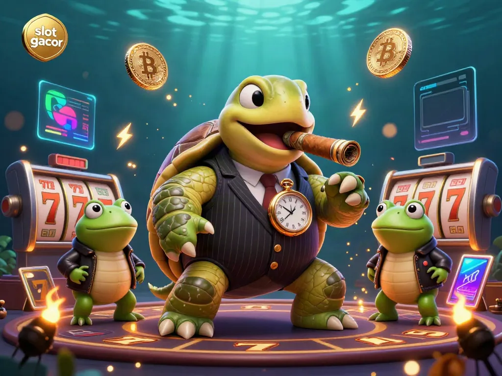 Spin the jackpot reels with slot gacor, featuring a turtle mobster and bullfrog enforcers in an energy-filled casino.