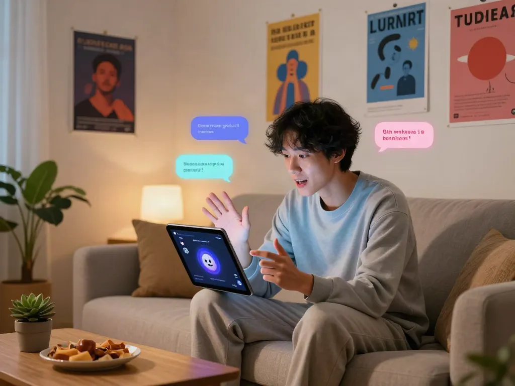 Person enjoying a spicy AI chat on a tablet in a cozy apartment.